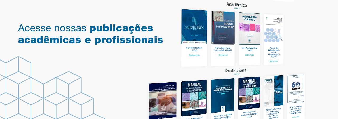 Banner com fundo branco, na esquerda está o texto 'Acesse nossas publicações acadêmicas e profissionais' e na direta tem vários blocos de livros separados pelos tópicos 'Acadêmico' e 'Profissional'
